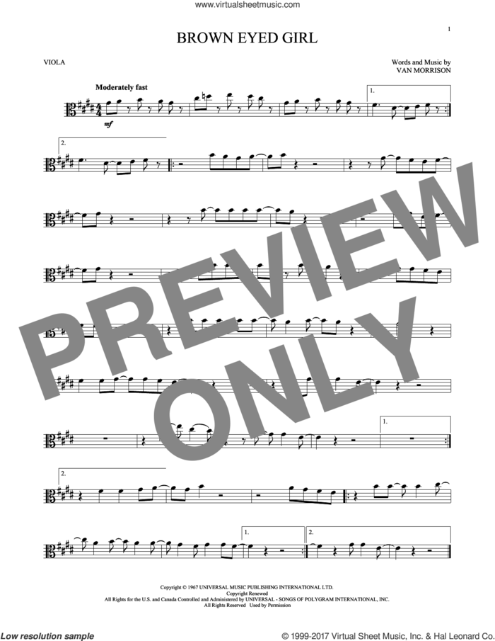 Brown Eyed Girl sheet music for viola solo by Van Morrison, intermediate skill level
