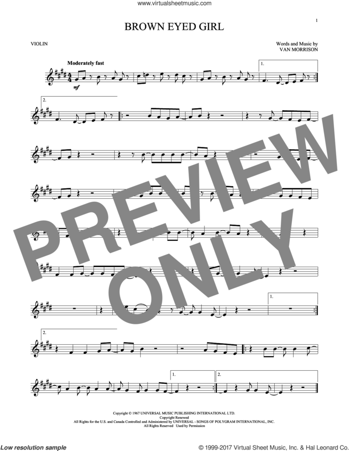 Brown Eyed Girl sheet music for violin solo by Van Morrison, intermediate skill level