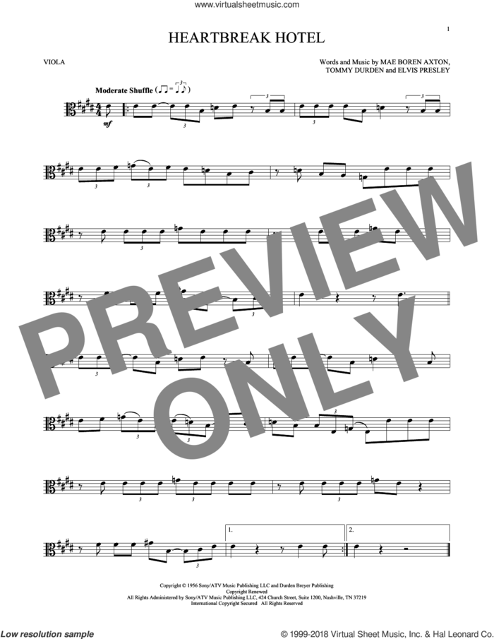 Heartbreak Hotel sheet music for viola solo by Elvis Presley, Mae Boren Axton and Tommy Durden, intermediate skill level