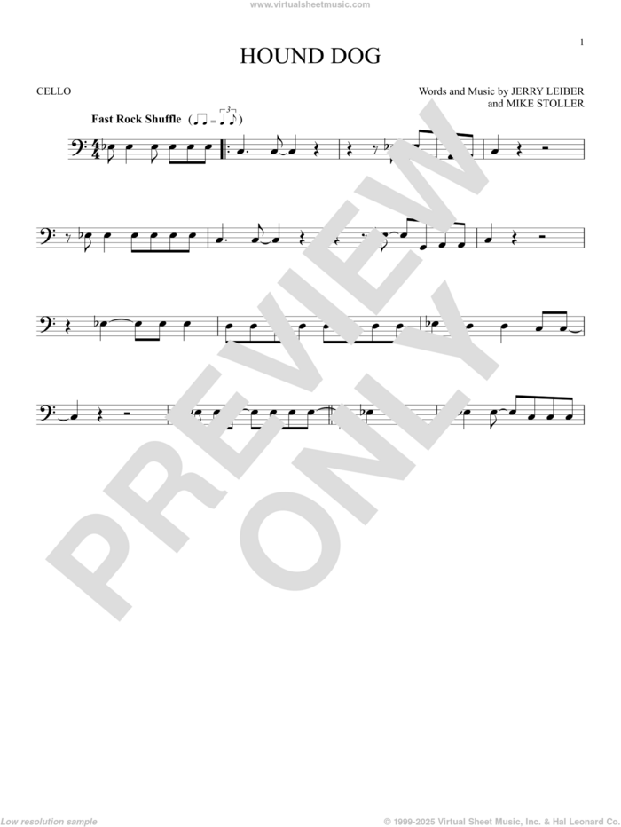 Hound Dog sheet music for cello solo by Elvis Presley, Jerry Leiber and Mike Stoller, intermediate skill level