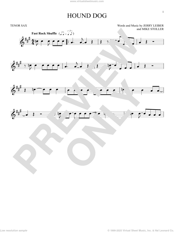 Hound Dog sheet music for tenor saxophone solo by Elvis Presley, Jerry Leiber and Mike Stoller, intermediate skill level