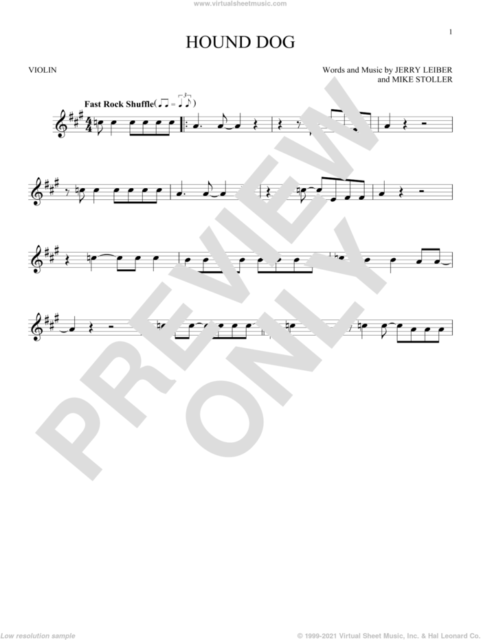 Hound Dog sheet music for violin solo by Elvis Presley, Jerry Leiber and Mike Stoller, intermediate skill level