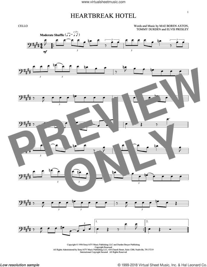 Heartbreak Hotel sheet music for cello solo by Elvis Presley, Mae Boren Axton and Tommy Durden, intermediate skill level