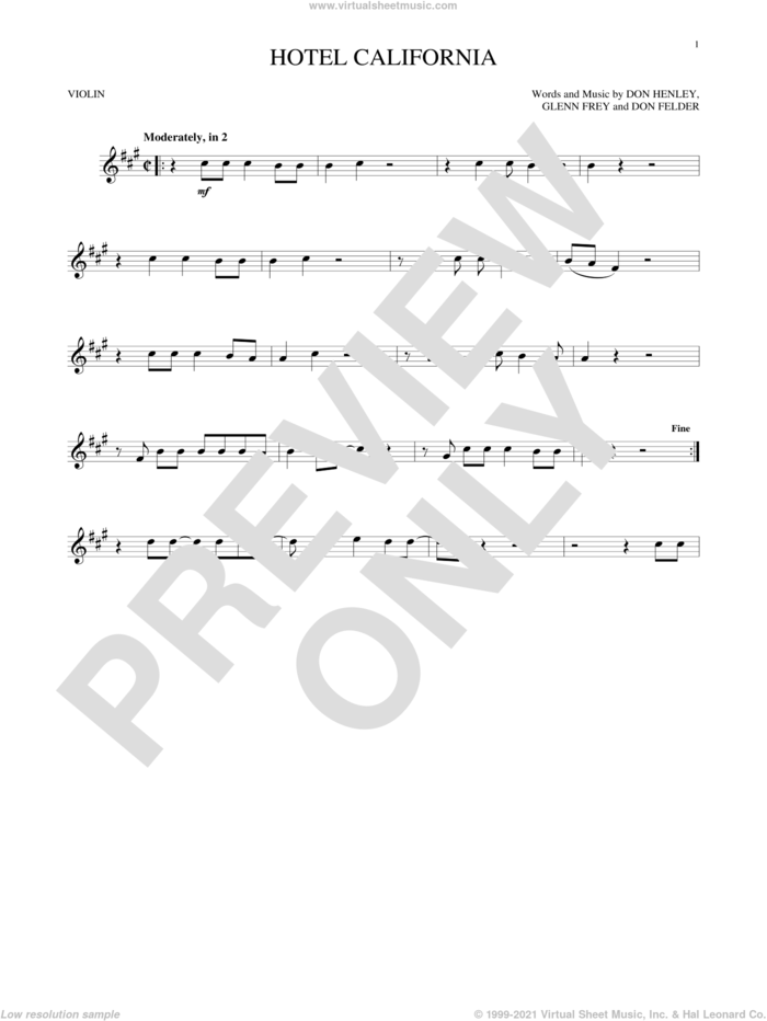 Hotel California sheet music for violin solo by Don Henley, The Eagles, Don Felder and Glenn Frey, intermediate skill level