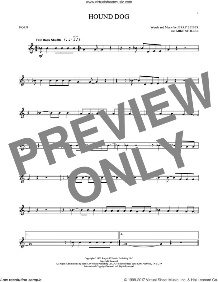 Hound Dog sheet music for horn solo by Elvis Presley, Jerry Leiber and Mike Stoller, intermediate skill level