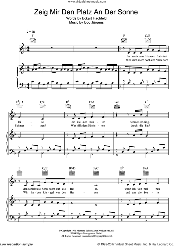 Zeig Mir Den Platz An Der Sonne sheet music for voice, piano or guitar by Udo Jurgens and Udo Jurgens, intermediate skill level