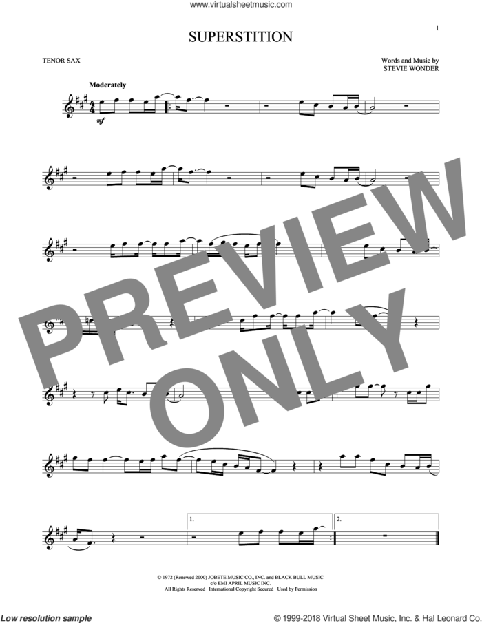 Superstition sheet music for tenor saxophone solo by Stevie Wonder, intermediate skill level