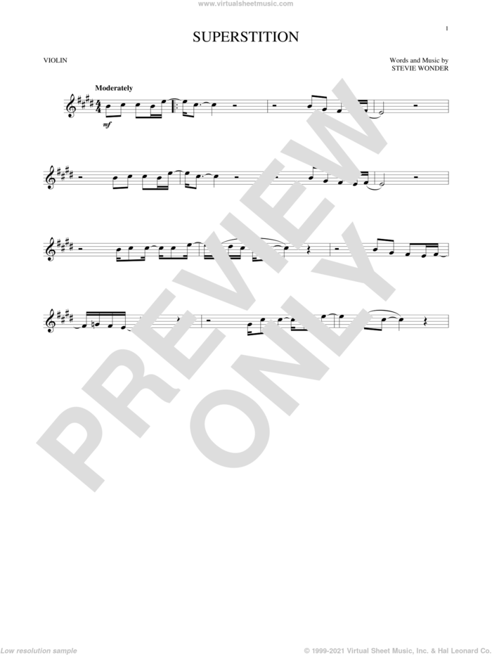 Superstition sheet music for violin solo by Stevie Wonder, intermediate skill level