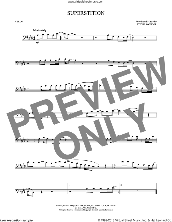 Superstition sheet music for cello solo by Stevie Wonder, intermediate skill level