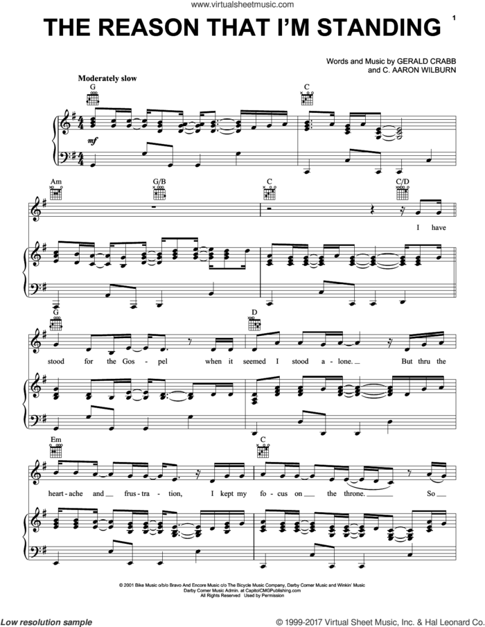 The Reason That I'm Standing sheet music for voice, piano or guitar by The Crabb Family, C. Aaron Wilburn and Gerald Crabb, intermediate skill level