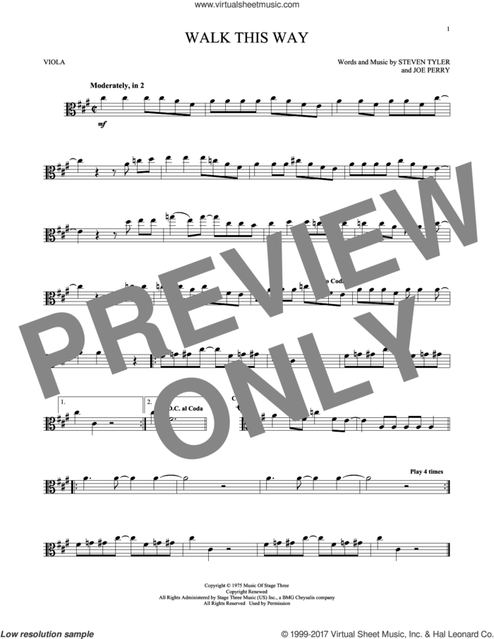 Walk This Way sheet music for viola solo by Aerosmith, Run D.M.C., Joe Perry and Steven Tyler, intermediate skill level
