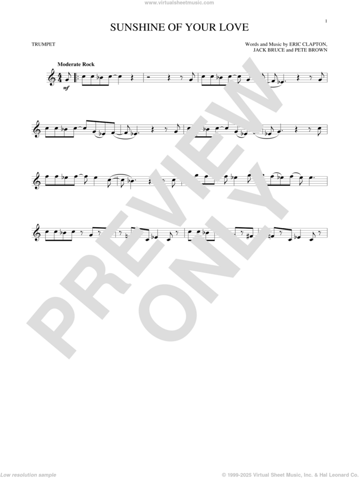 Sunshine Of Your Love sheet music for trumpet solo by Cream, Eric Clapton, Jack Bruce and Pete Brown, intermediate skill level