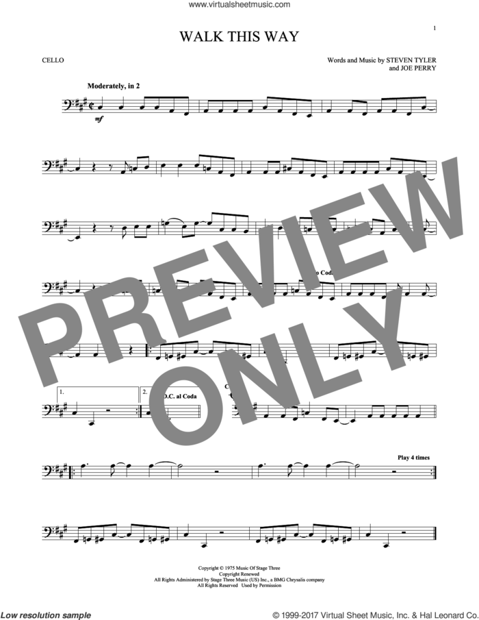 Walk This Way sheet music for cello solo by Aerosmith, Run D.M.C., Joe Perry and Steven Tyler, intermediate skill level