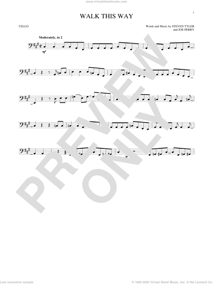 Walk This Way sheet music for cello solo by Aerosmith, Run D.M.C., Joe Perry and Steven Tyler, intermediate skill level