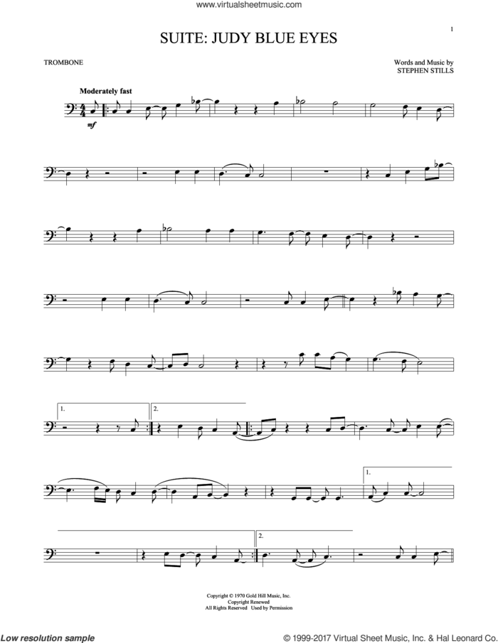 Suite: Judy Blue Eyes sheet music for trombone solo by Crosby, Stills & Nash and Stephen Stills, intermediate skill level