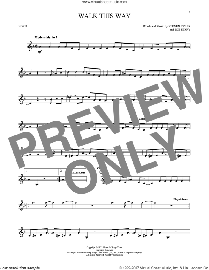 Walk This Way sheet music for horn solo by Aerosmith, Run D.M.C., Joe Perry and Steven Tyler, intermediate skill level