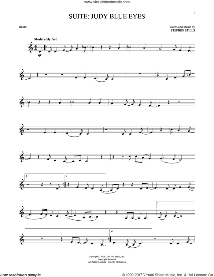 Suite: Judy Blue Eyes sheet music for horn solo by Crosby, Stills & Nash and Stephen Stills, intermediate skill level