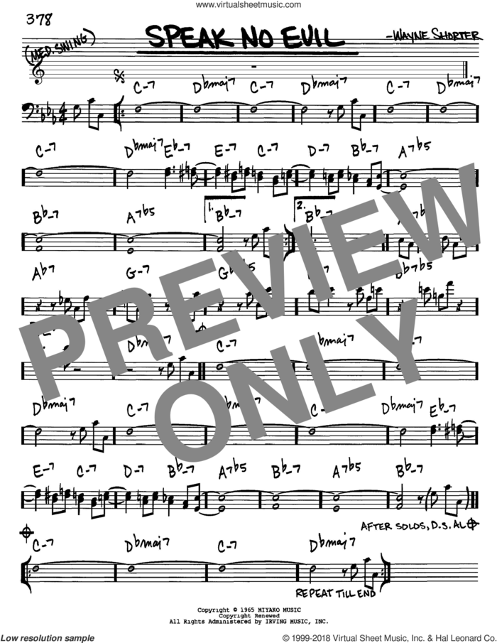 Speak No Evil sheet music for voice and other instruments (bass clef) by Wayne Shorter, intermediate skill level