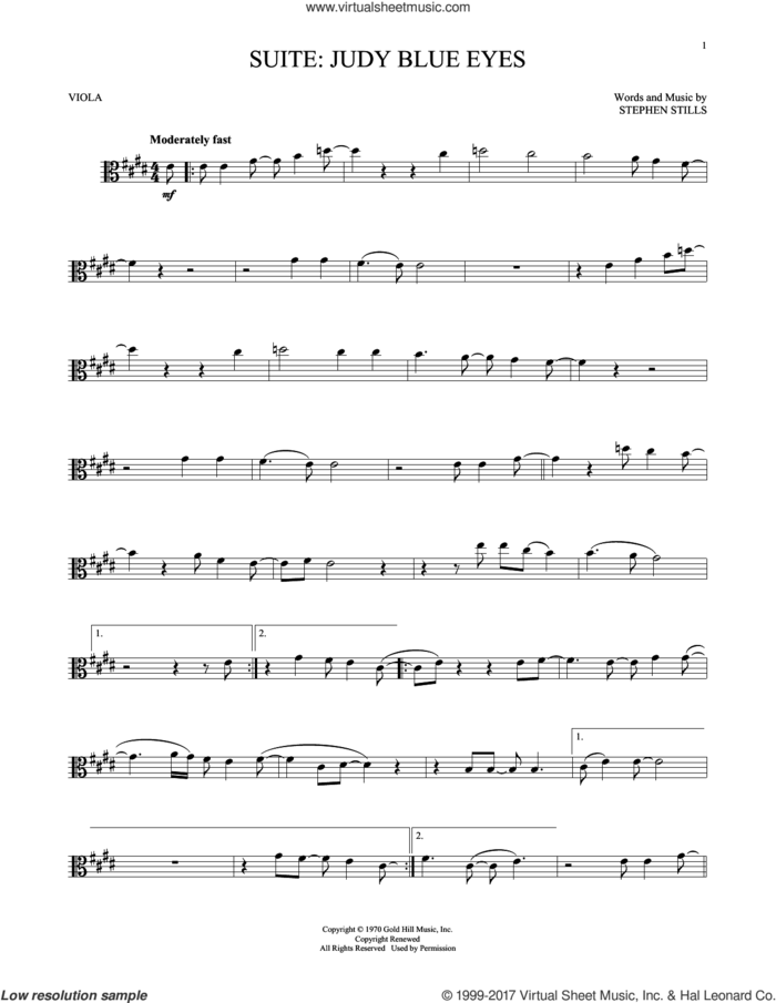 Suite: Judy Blue Eyes sheet music for viola solo by Crosby, Stills & Nash and Stephen Stills, intermediate skill level
