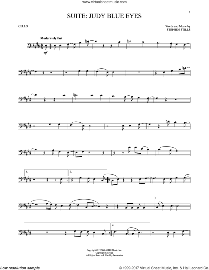 Suite: Judy Blue Eyes sheet music for cello solo by Crosby, Stills & Nash and Stephen Stills, intermediate skill level