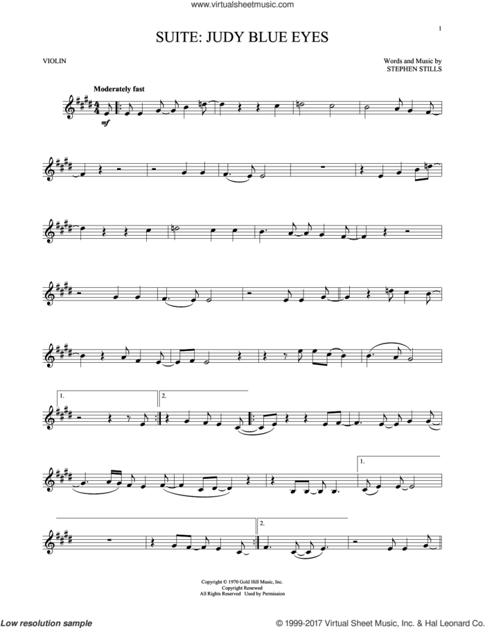 Suite: Judy Blue Eyes sheet music for violin solo by Crosby, Stills & Nash and Stephen Stills, intermediate skill level