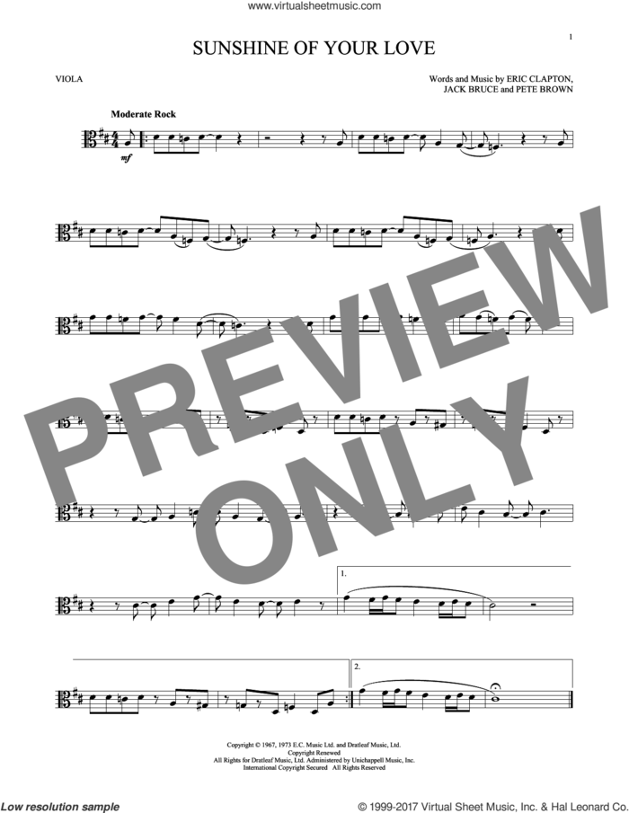 Sunshine Of Your Love sheet music for viola solo by Cream, Eric Clapton, Jack Bruce and Pete Brown, intermediate skill level