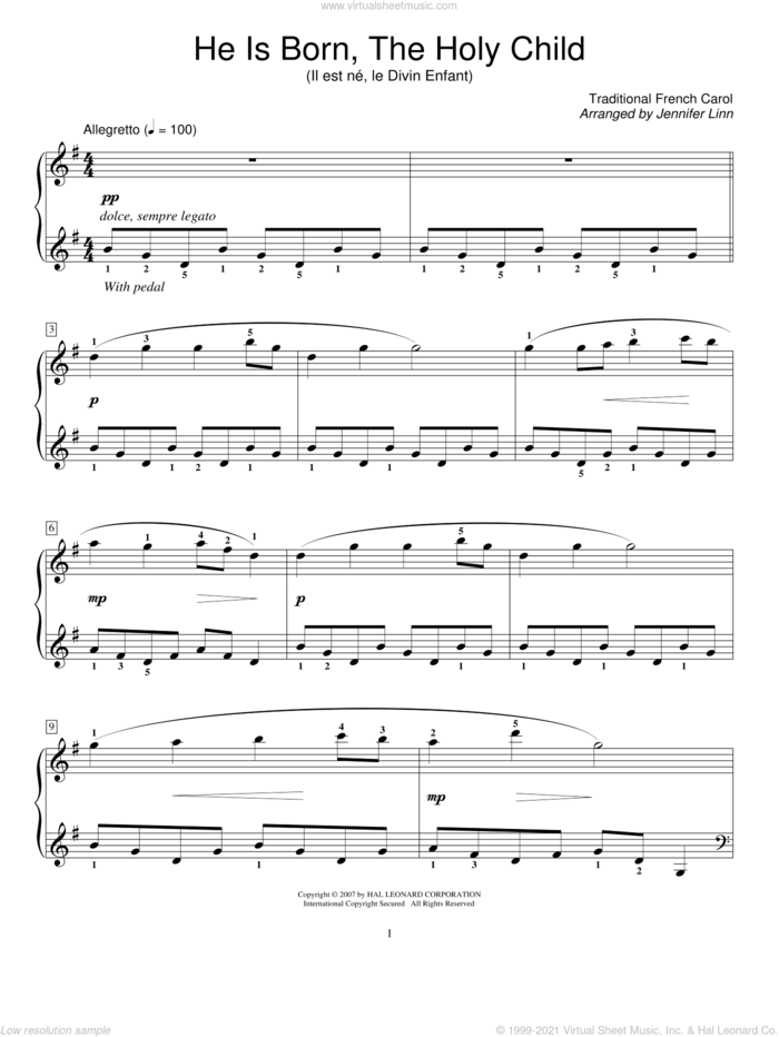 He Is Born, The Holy Child (Il Est Ne, Le Divin Enfant), (beginner) sheet music for piano solo (elementary)  and Jennifer Linn, beginner piano (elementary)