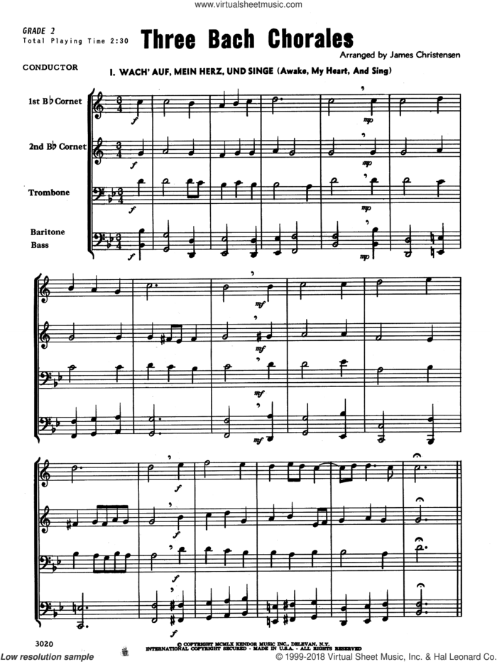 Three Bach Chorales (COMPLETE) sheet music for brass ensemble by Johann Sebastian Bach and James Christensen, intermediate skill level