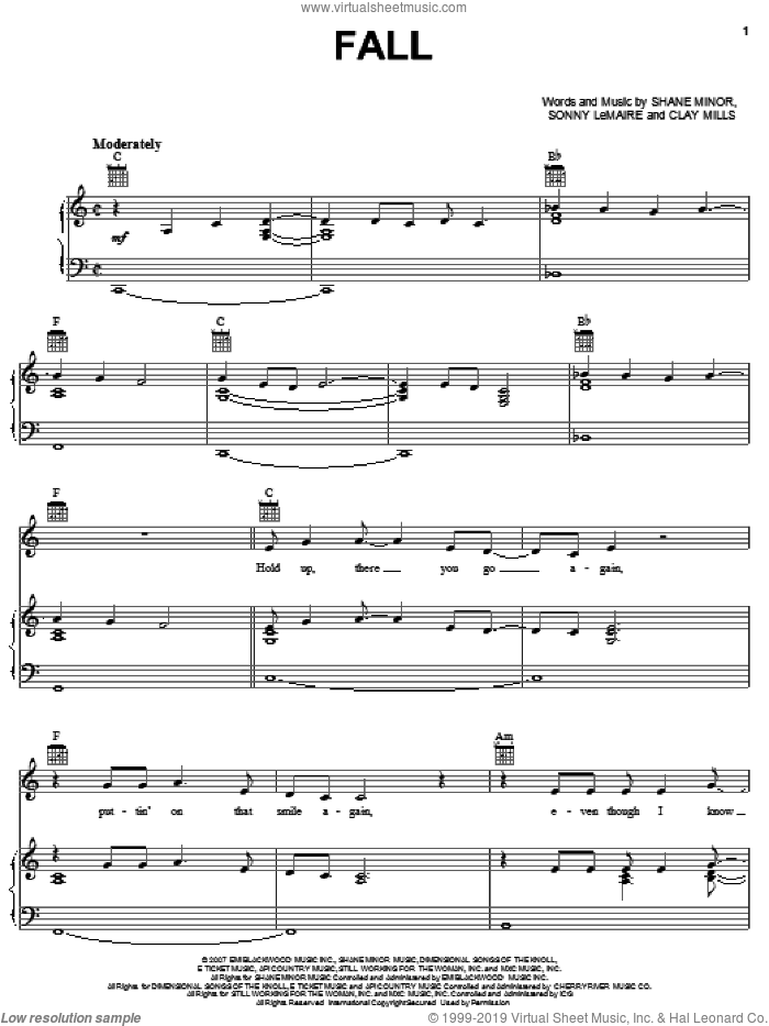 Fall sheet music for voice, piano or guitar by Clay Walker, Clay Mills, Shane Minor and Sonny LeMaire, intermediate skill level