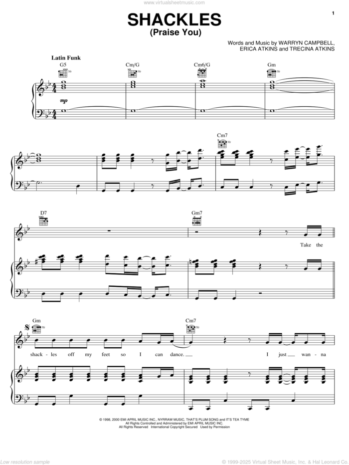 Shackles (Praise You) sheet music for voice, piano or guitar by Mandisa, Mary Mary, Erica Atkins, Trecina Atkins and Warryn Campbell, intermediate skill level