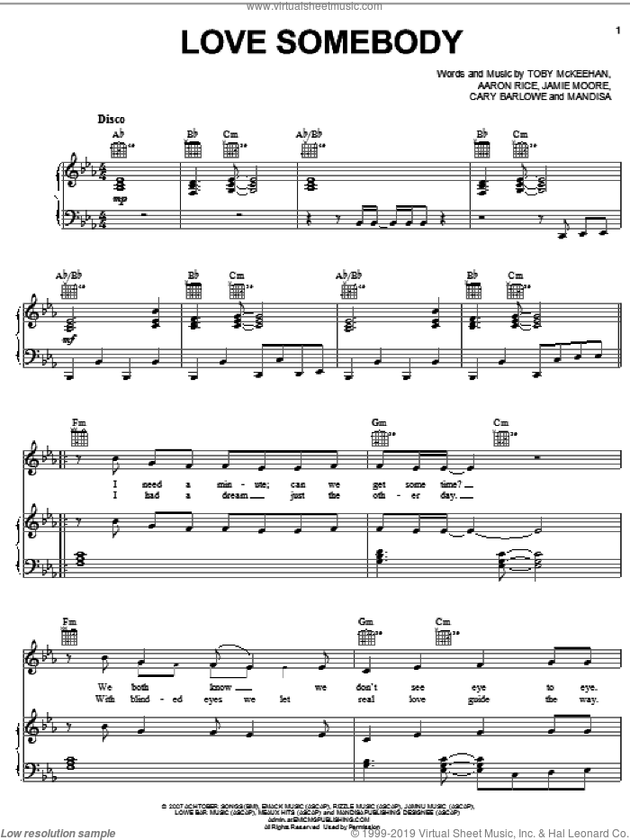 Love Somebody sheet music for voice, piano or guitar by Mandisa, Aaron Rice, Cary Barlowe, Jamie Moore and Toby McKeehan, intermediate skill level