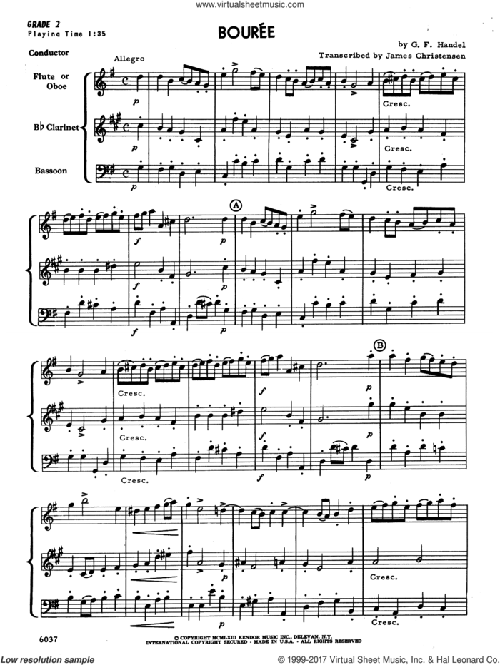 Bouree (COMPLETE) sheet music for wind trio by George Frideric Handel and James Christensen, classical score, intermediate skill level