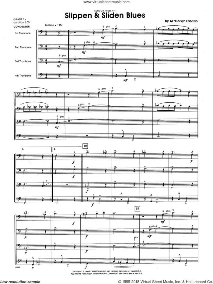 Slippen and Sliden Blues (COMPLETE) sheet music for trombone quintet by Al 'Corky' Fabrizio, intermediate skill level