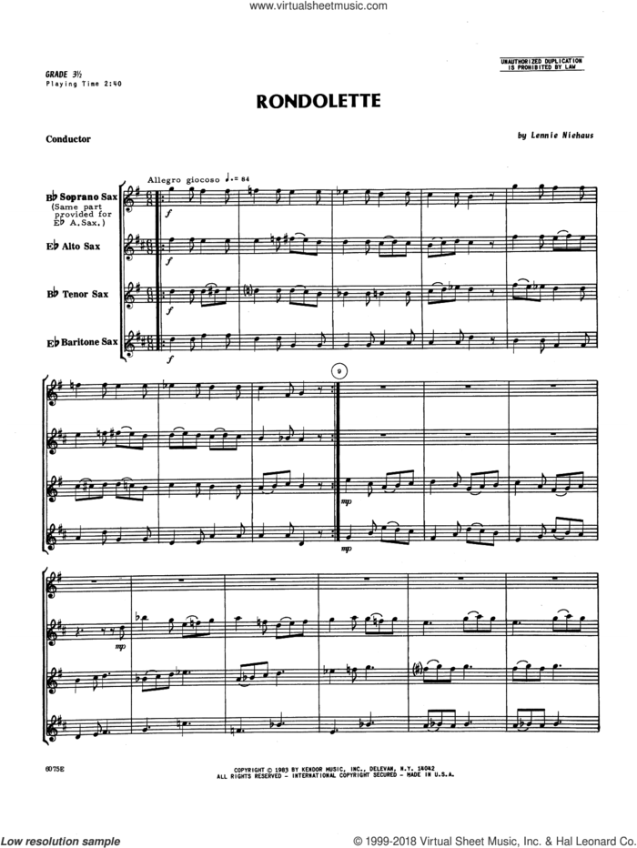 Rondolette (COMPLETE) sheet music for saxophone quintet by Lennie Niehaus, intermediate skill level