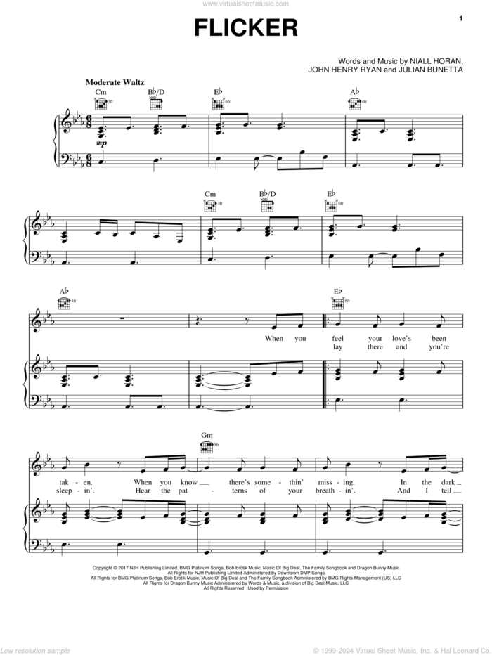 Flicker sheet music for voice, piano or guitar by Niall Horan, John Henry Ryan and Julian Bunetta, intermediate skill level
