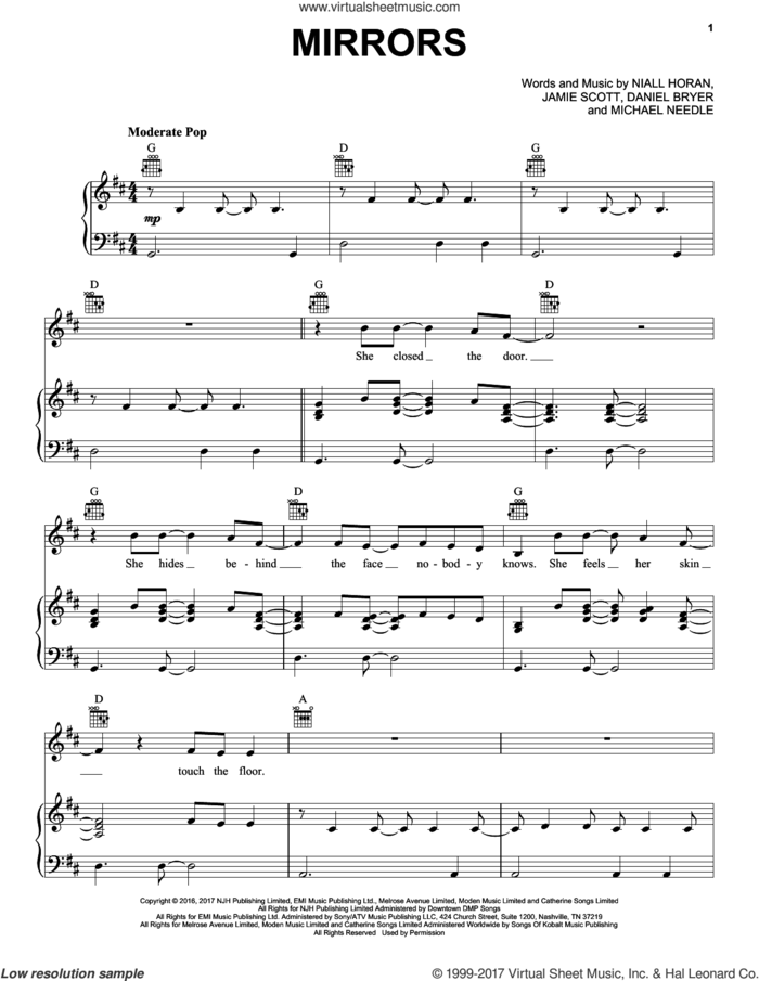 Mirrors sheet music for voice, piano or guitar by Niall Horan, Daniel Bryer, Jamie Scott and Michael Needle, intermediate skill level
