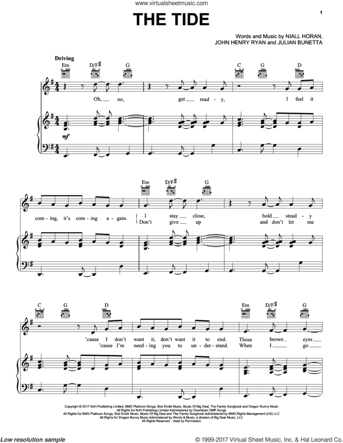 The Tide sheet music for voice, piano or guitar by Niall Horan, John Henry Ryan and Julian Bunetta, intermediate skill level
