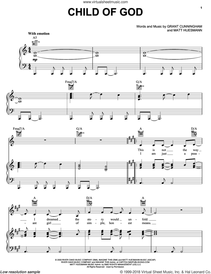 Child Of God sheet music for voice, piano or guitar by Amy Grant, Grant Cunningham and Matt Huesmann, intermediate skill level