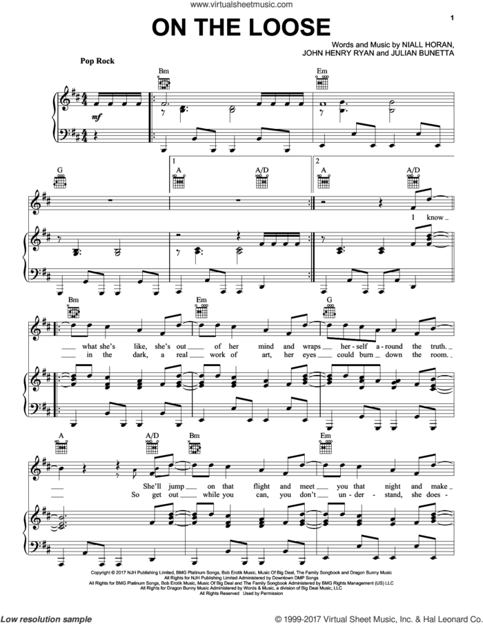 On The Loose sheet music for voice, piano or guitar by Niall Horan, John Henry Ryan and Julian Bunetta, intermediate skill level