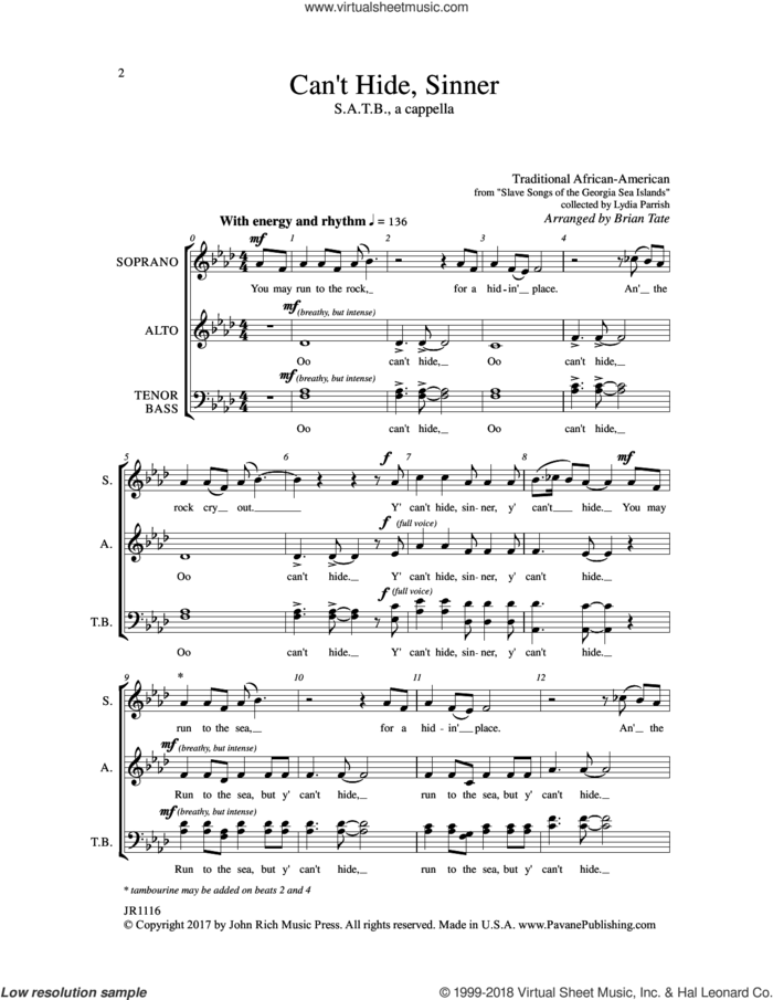 Can't Hide Sinner sheet music for choir (SATB: soprano, alto, tenor, bass) by Brain Tate and Brian Tate, intermediate skill level