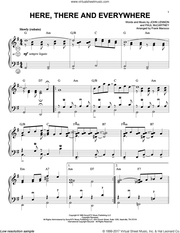 Here, There And Everywhere sheet music for accordion by Paul McCartney, Frank Marocco, The Beatles and John Lennon, wedding score, intermediate skill level