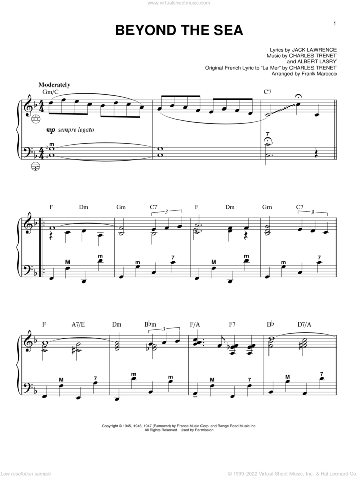 Beyond The Sea sheet music for accordion by Jack Lawrence, Frank Marocco, Bobby Darin, Albert Lasry and Charles Trenet, intermediate skill level