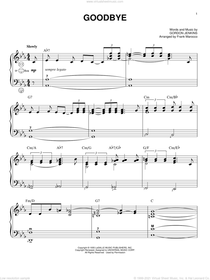 Goodbye sheet music for accordion by Gordon Jenkins and Frank Marocco, intermediate skill level