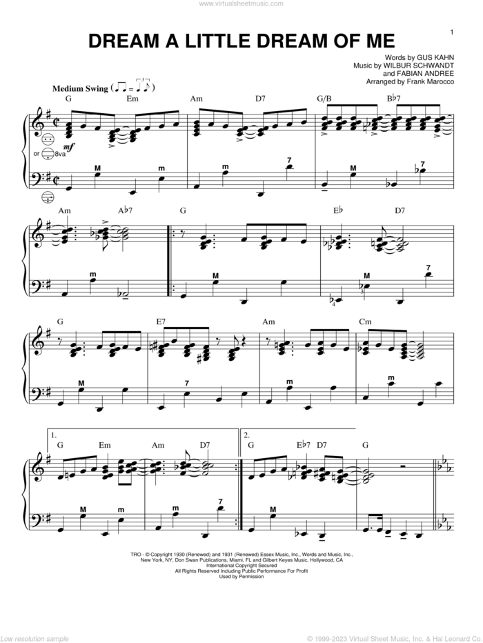 Dream A Little Dream Of Me sheet music for accordion by Gus Kahn, Frank Marocco, The Mamas & The Papas, Fabian Andree and Wilbur Schwandt, intermediate skill level