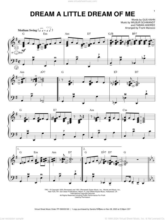 Dream A Little Dream Of Me sheet music for accordion by Gus Kahn, Frank Marocco, The Mamas & The Papas, Fabian Andree and Wilbur Schwandt, intermediate skill level