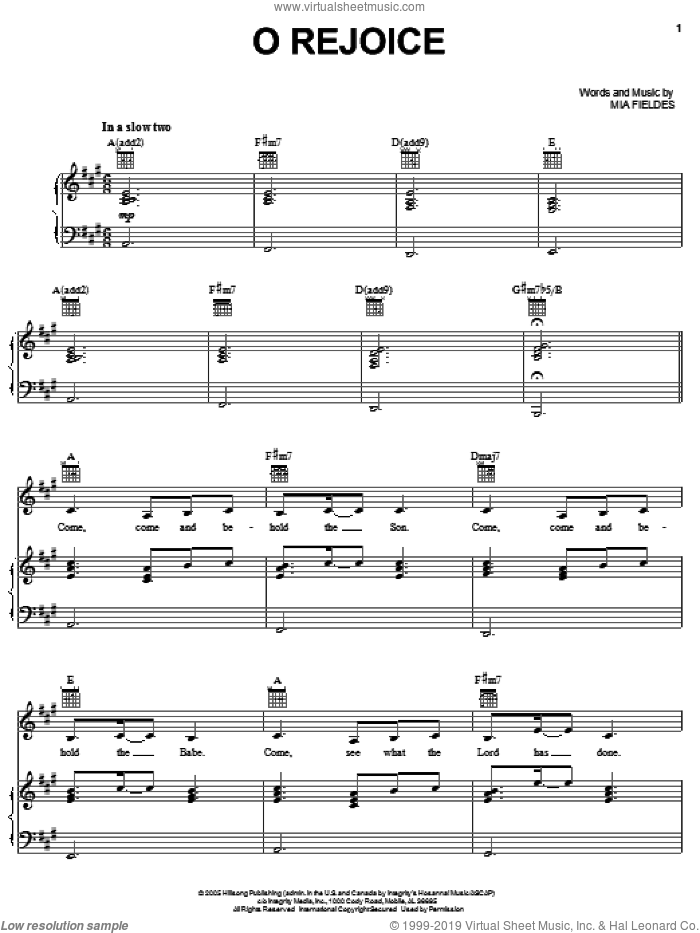 O Rejoice sheet music for voice, piano or guitar by Hillsong and Mia Fieldes, intermediate skill level