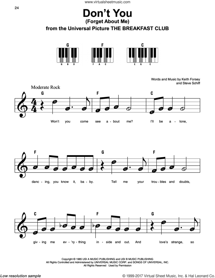 Don't You (Forget About Me) sheet music for piano solo by Simple Minds, Keith Forsey and Steve Schiff, beginner skill level