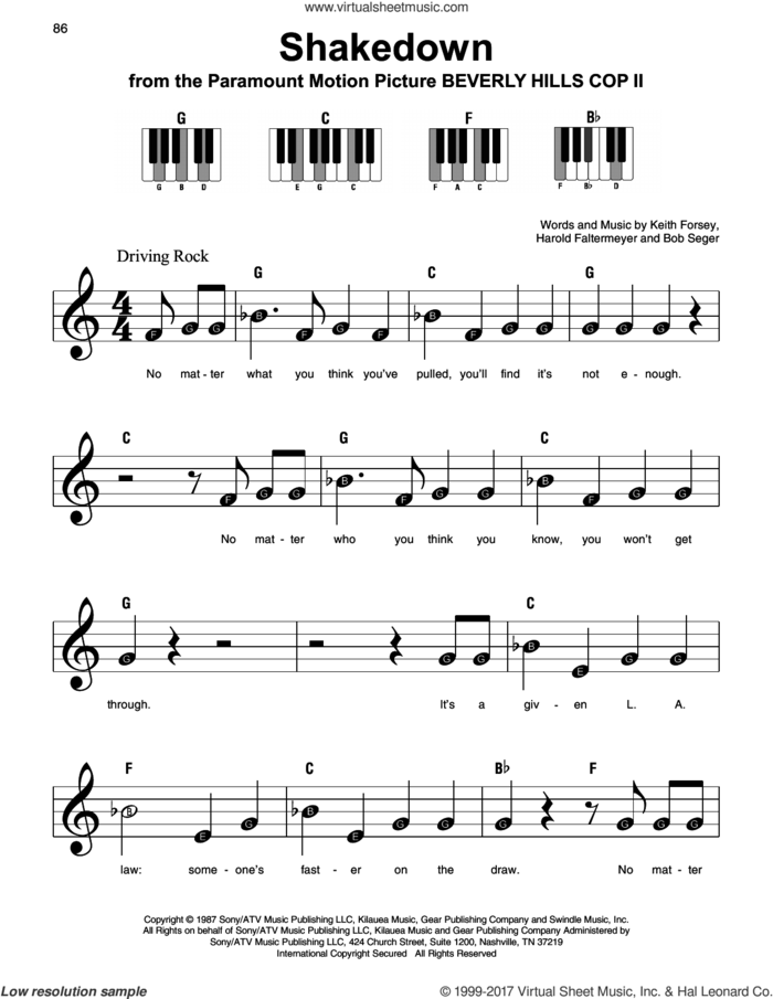 Shakedown sheet music for piano solo by Bob Seger, Harold Faltermeyer and Keith Forsey, beginner skill level
