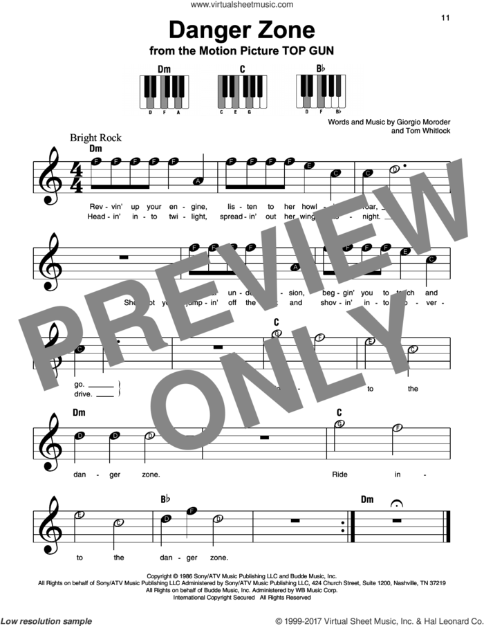 Danger Zone sheet music for piano solo by Kenny Loggins, Giorgio Moroder and Tom Whitlock, beginner skill level