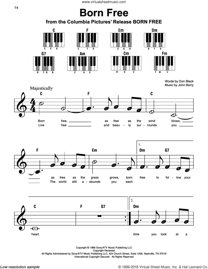 Born Free sheet music for piano solo by Roger Williams, Don Black and John Barry, beginner skill level
